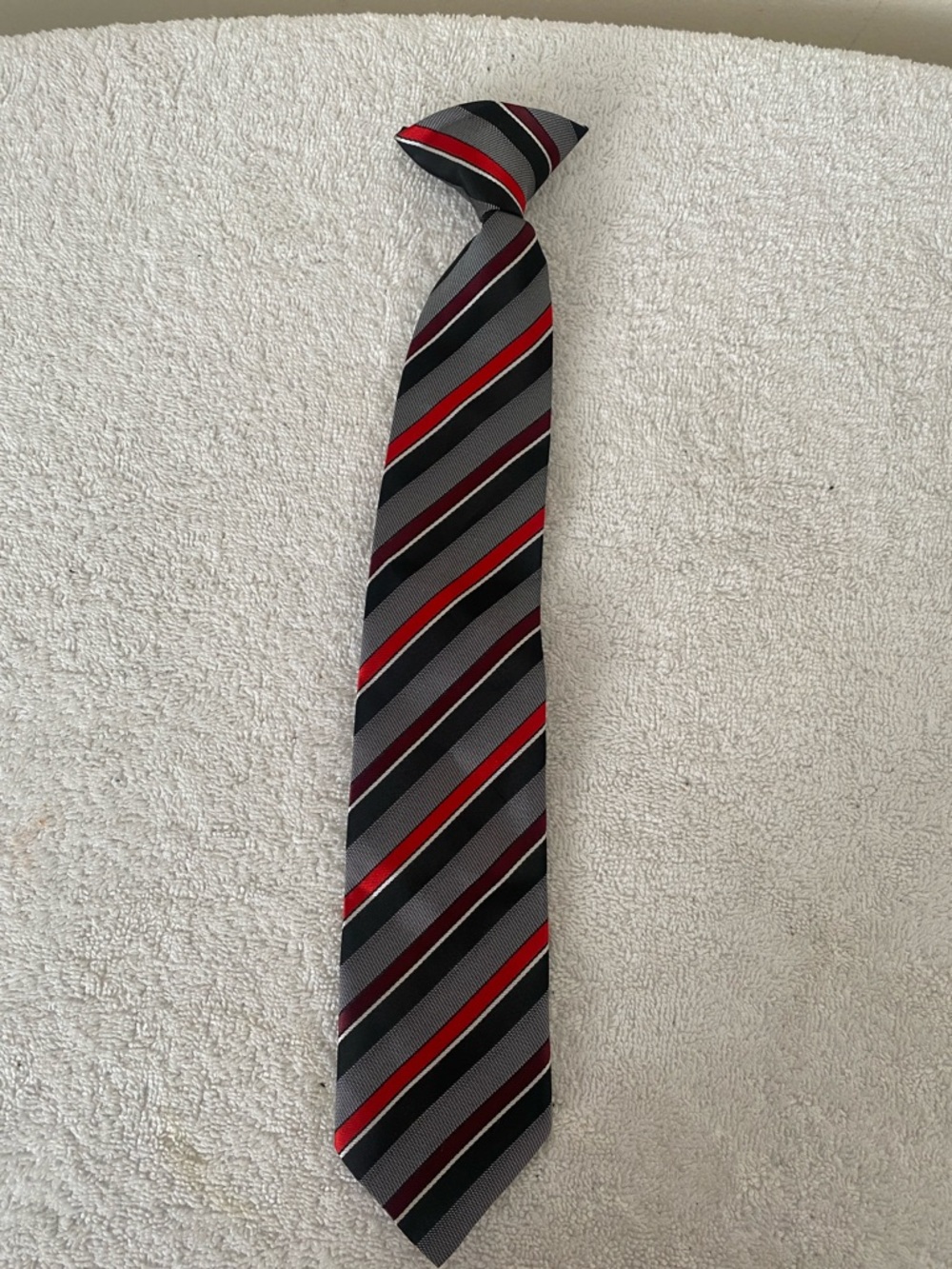 Striped Silk clip-on Tie in Gray, Black & Red